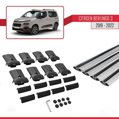 Kompatibel mit Citroen Berlingo 3 (K9) 2019-2022 FLY Modell Dachgepäckträger, graues Aluminium, 4 Stangen