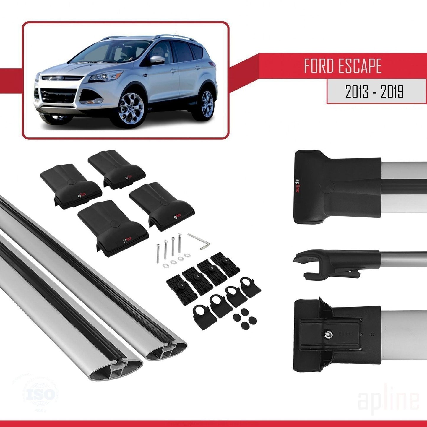 Kompatibel mit Ford Escape 3 2013-2019 FLY Modell Dachgepäckträger, graues Aluminium, 2 Stangen