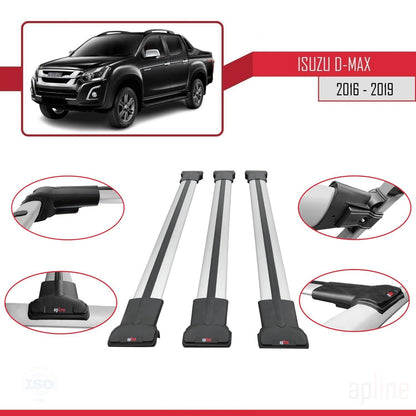 Kompatibel mit Isuzu D-Max 2 (RT85) Post-Facelift 2016-2019 FLY Model Relingträger Dachträger Auto Gepäckträger Grau Aluminium 3 Stangen