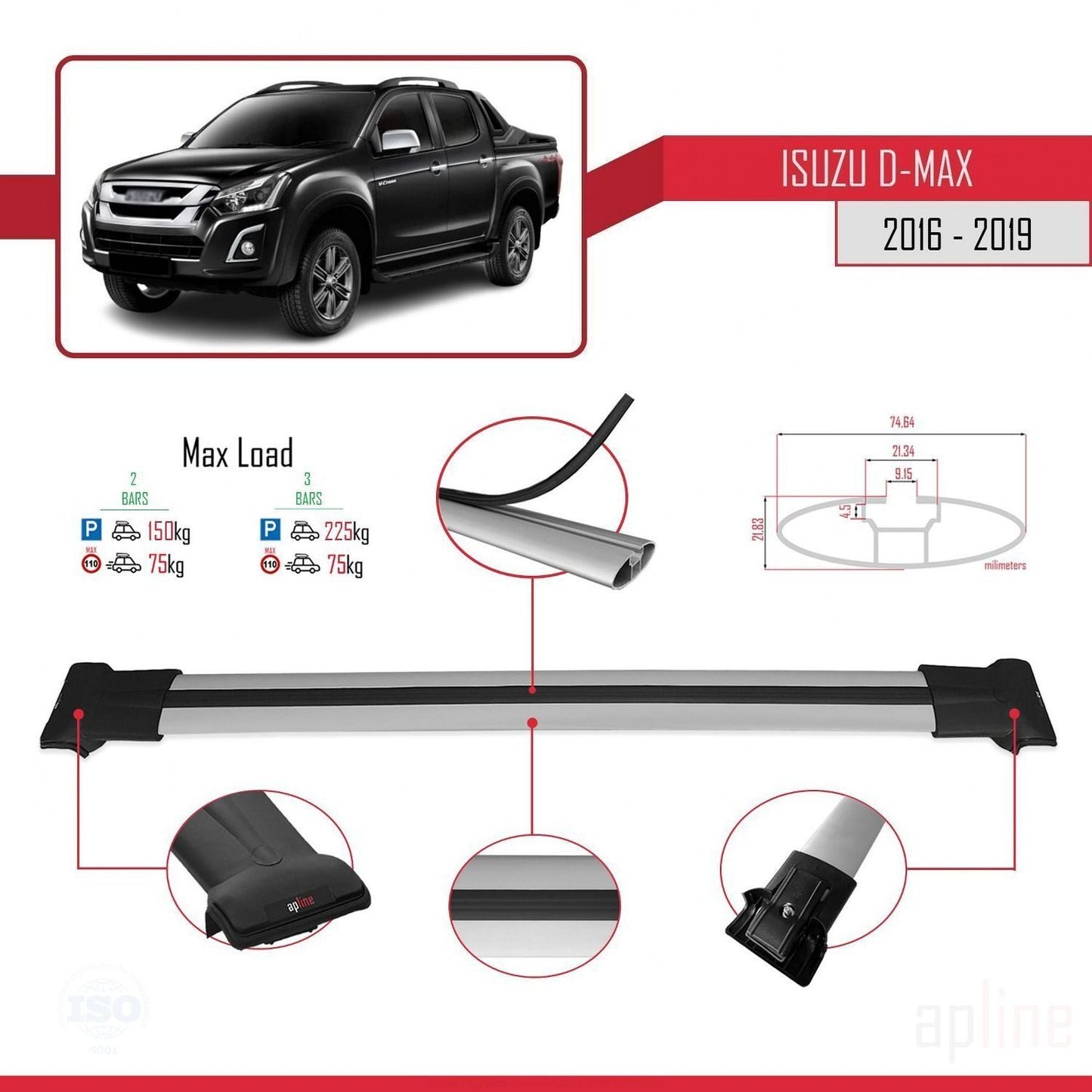 Kompatibel mit Isuzu D-Max 2 (RT85) Post-Facelift 2016-2019 FLY Model Relingträger Dachträger Auto Gepäckträger Grau Aluminium 2 Stangen