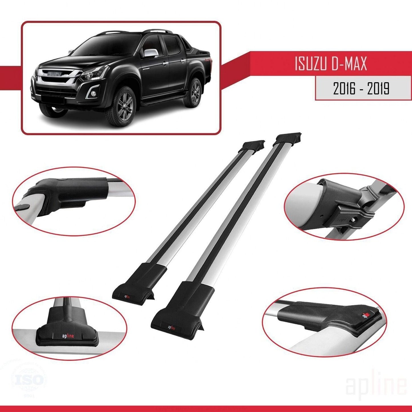Kompatibel mit Isuzu D-Max 2 (RT85) Post-Facelift 2016-2019 FLY Model Relingträger Dachträger Auto Gepäckträger Grau Aluminium 2 Stangen