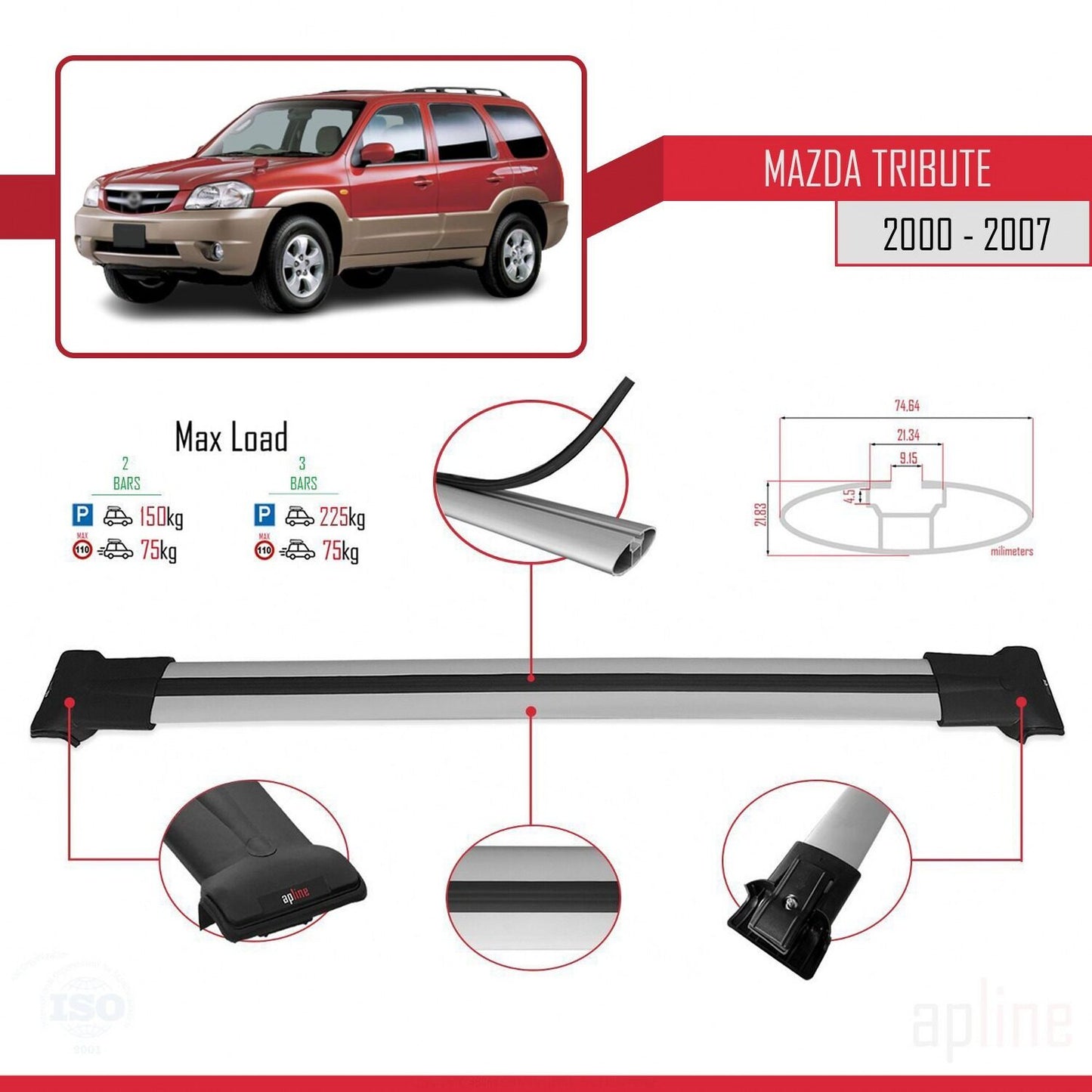 Kompatibel mit Mazda Tribute 2000-2007 FLY Model Relingträger Dachträger Auto Gepäckträger Grau Aluminium 2 Stangen