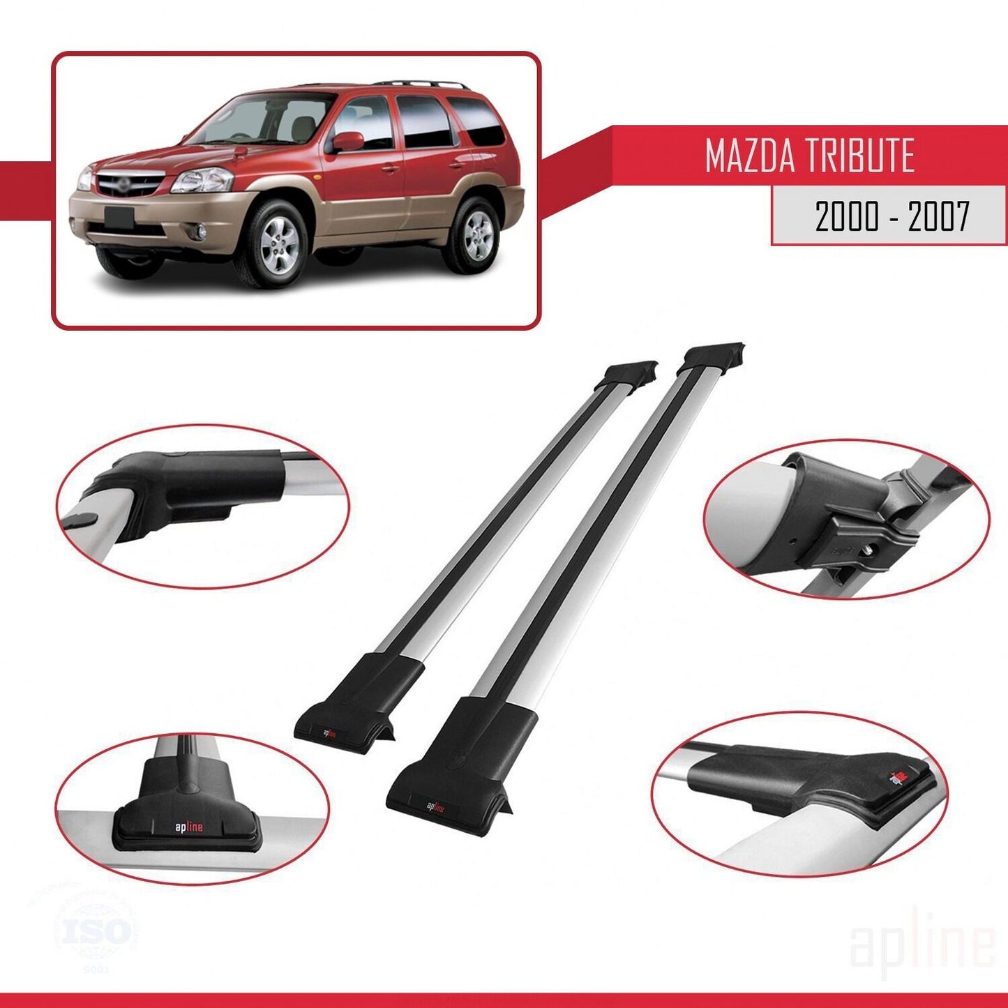 Kompatibel mit Mazda Tribute 2000-2007 FLY Model Relingträger Dachträger Auto Gepäckträger Grau Aluminium 2 Stangen