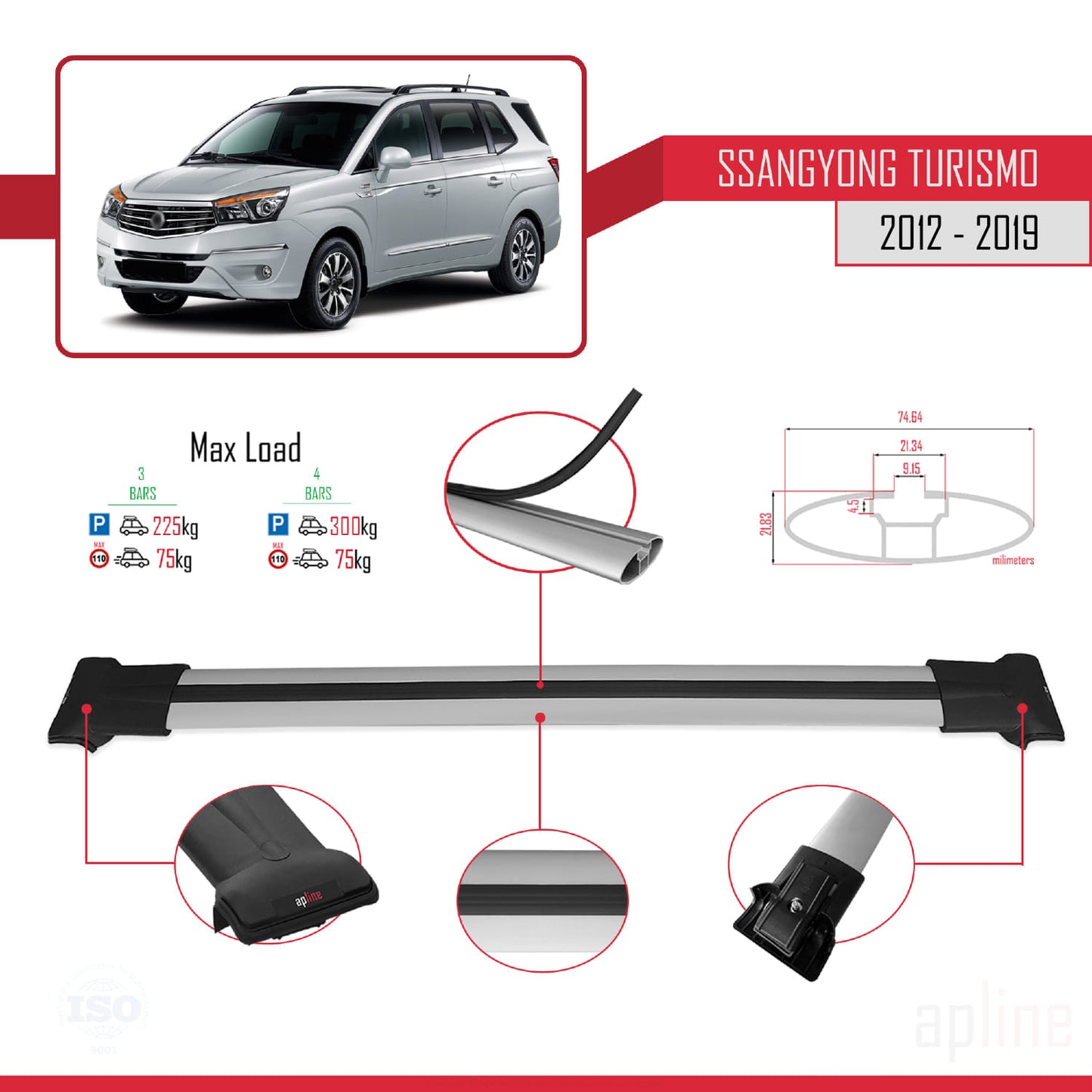 Compatible avec Ssangyong Turismo 2012-2019 FLY Model Barres de Toit Railing Porte-Bagages de Voiture Gris Aluminium 3 Barres