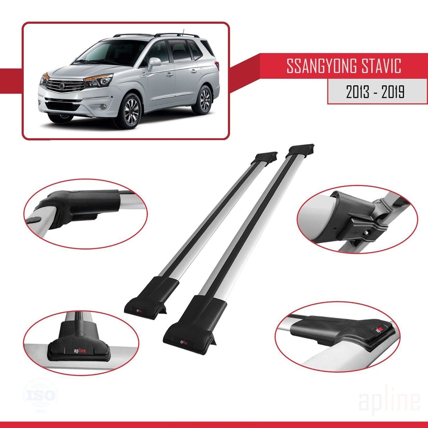 Compatible avec Ssangyong Stavic 2 2013-2019 FLY Model Barres de Toit Railing Porte-Bagages de Voiture Gris Aluminium 2 Barres