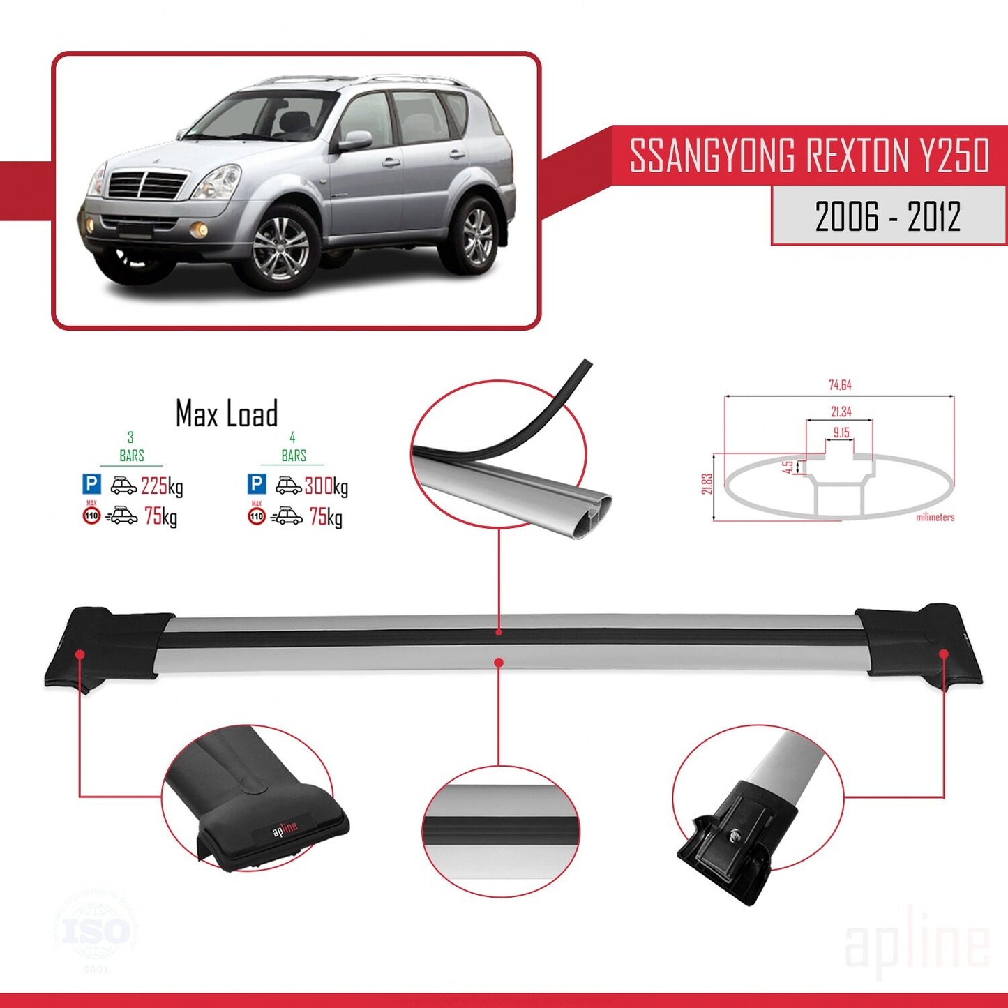 Compatible with Ssangyong Rexton (Y250) 2006-2012 FLY Model Car Roof Rack Cross Bar Grey Aluminium 3 Bars