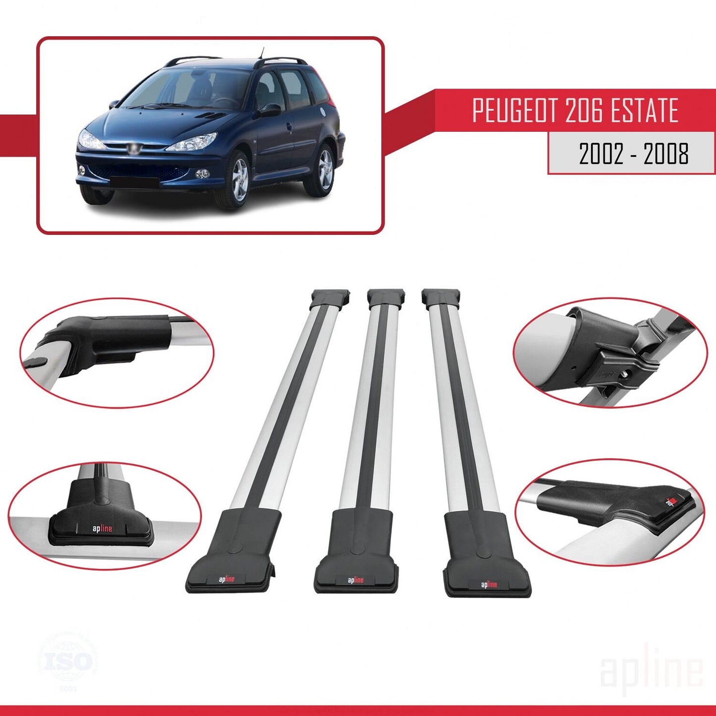 Compatible avec Peugeot 206 Break 2002-2008 FLY Model Barres de Toit Railing Porte-Bagages de Voiture Gris Aluminium 3 Barres