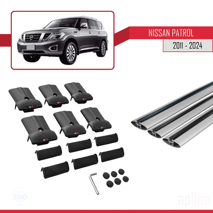 Compatible with Nissan Patrol 6 (Y62) 2011-2024 FLY Model Car Roof Rack Cross Bar Grey Aluminium 3 Bars