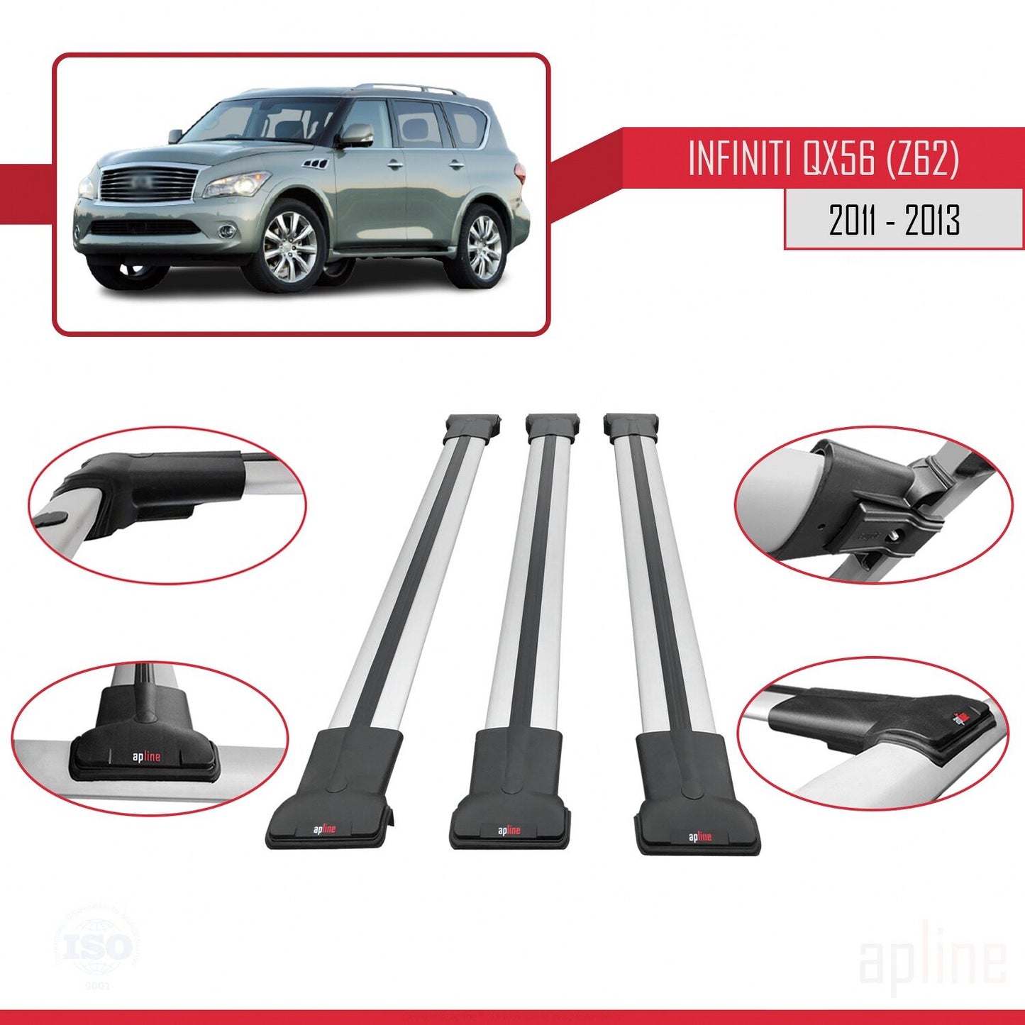 Compatible avec IInfiniti QX56 (Z62) 2011-2013 FLY Model Barres de Toit Railing Porte-Bagages de Voiture Gris Aluminium 3 Barres
