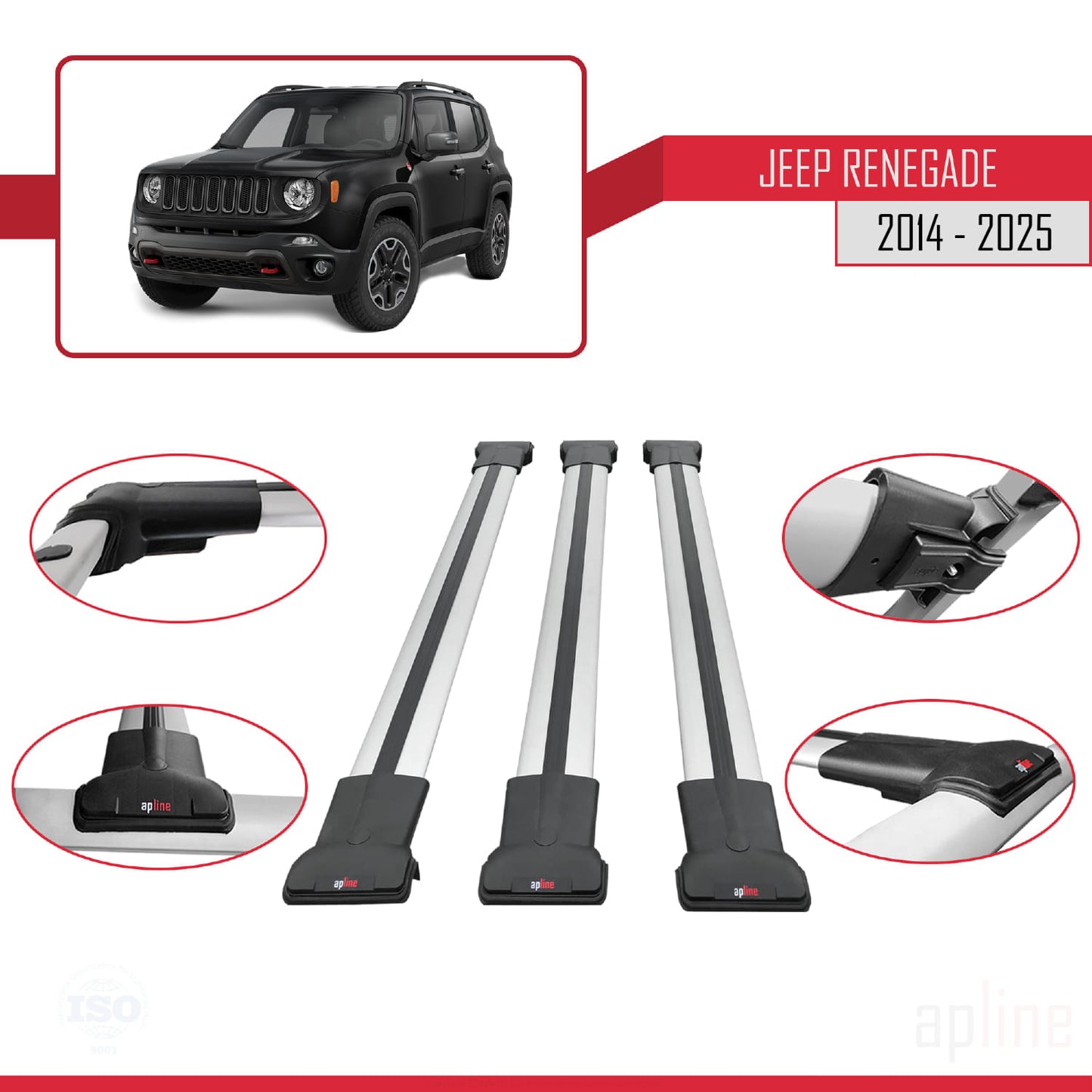Kompatibel mit Jeep Renegade (BU) 2014-2025 FLY Model Relingträger Dachträger Auto Gepäckträger Grau Aluminium 3 Stangen