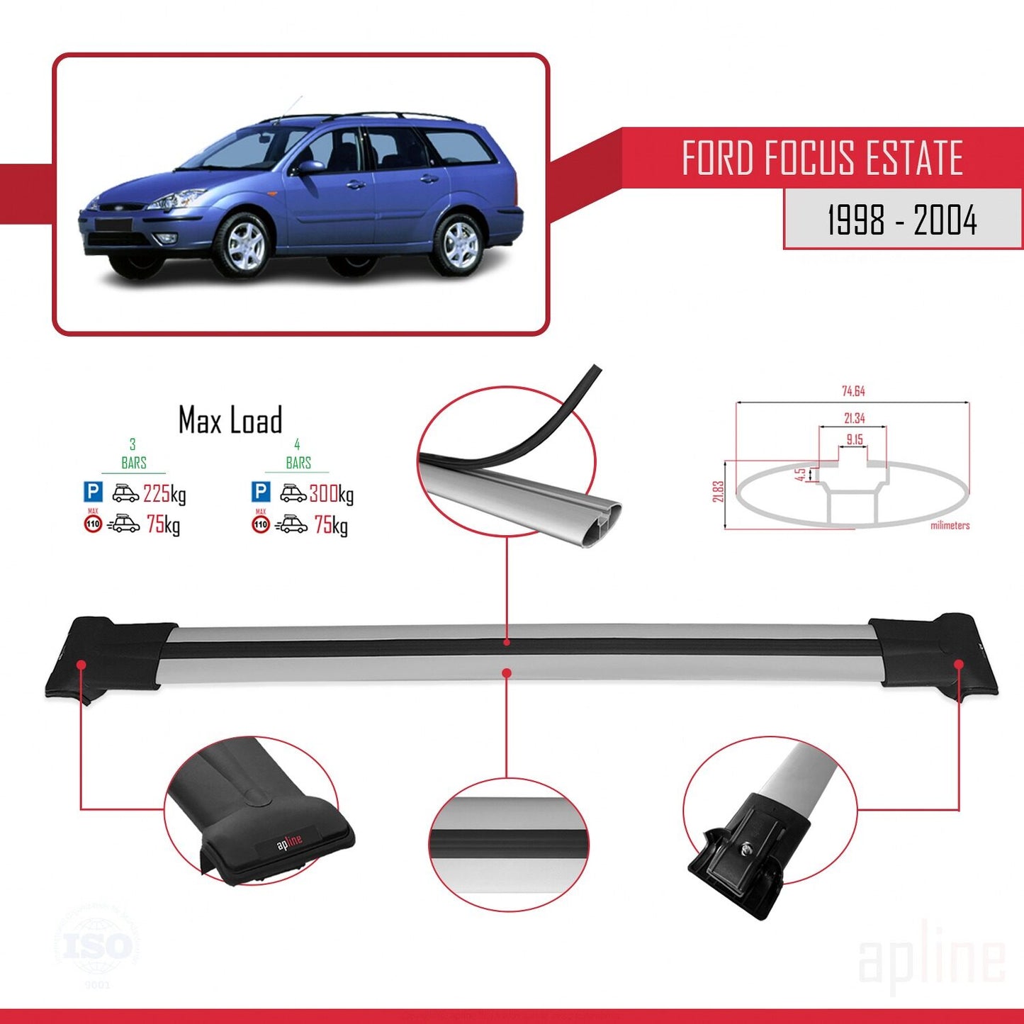 Kompatibel mit Ford Focus (C170) Combi 1998-2004 FLY Model Relingträger Dachträger Auto Gepäckträger Grau Aluminium 3 Stangen