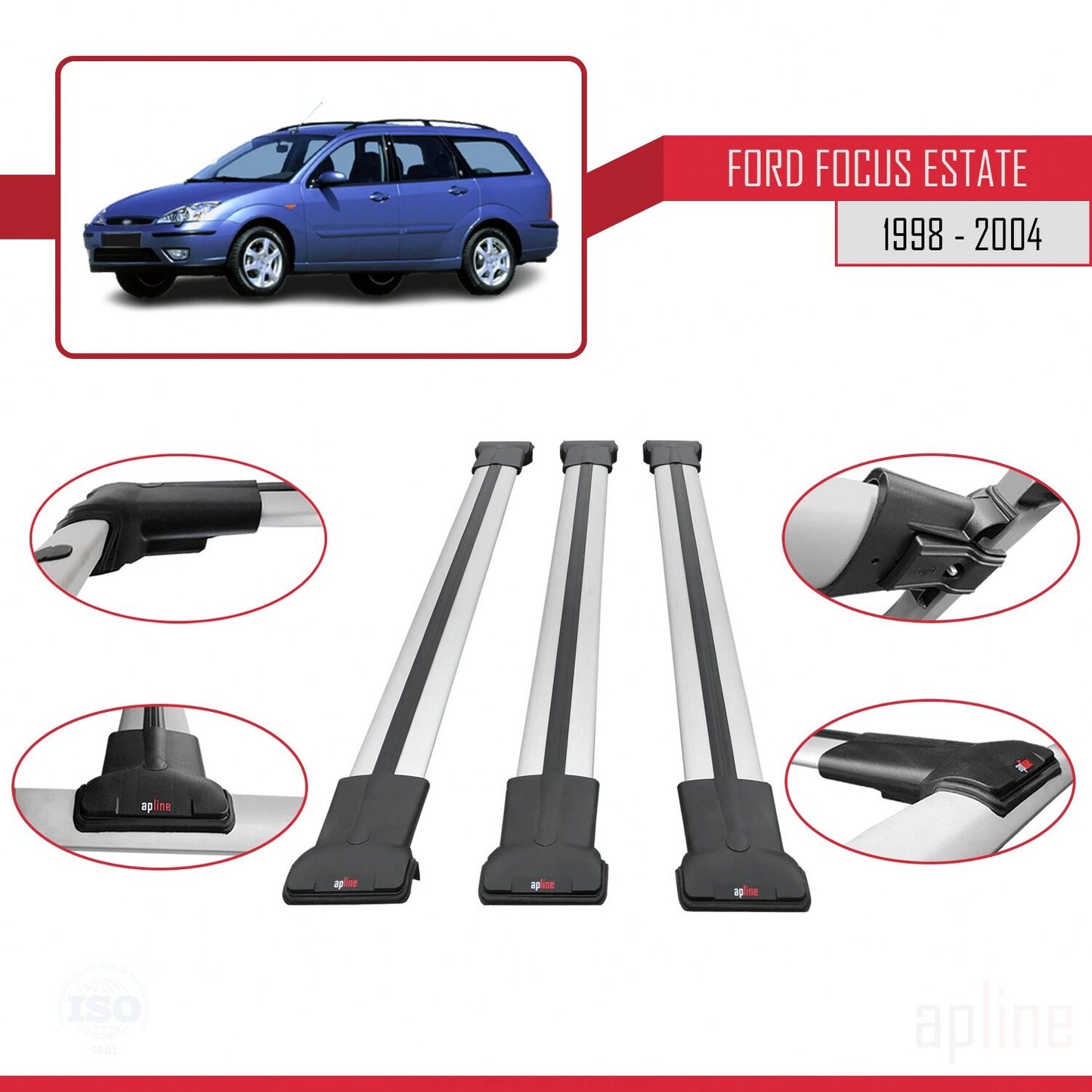 Kompatibel mit Ford Focus (C170) Combi 1998-2004 FLY Model Relingträger Dachträger Auto Gepäckträger Grau Aluminium 3 Stangen
