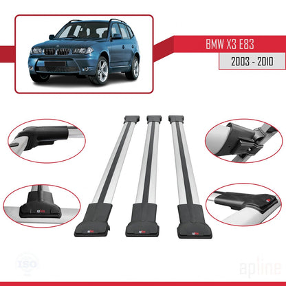 Kompatibel mit BMW X3 (E83) 2003-2010 FLY Modell Dachgepäckträger, graues Aluminium, 3-Stangen
