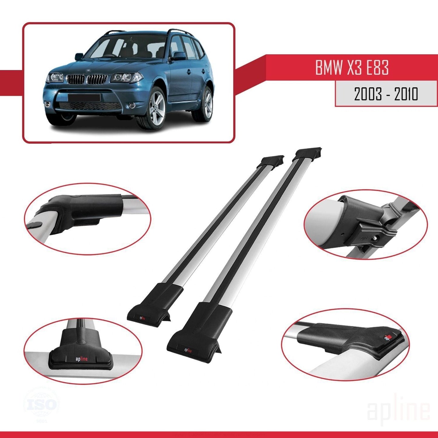 Kompatibel mit BMW X3 (E83) 2003-2010 FLY Modell Dachgepäckträger, graues Aluminium, 2 Stangen