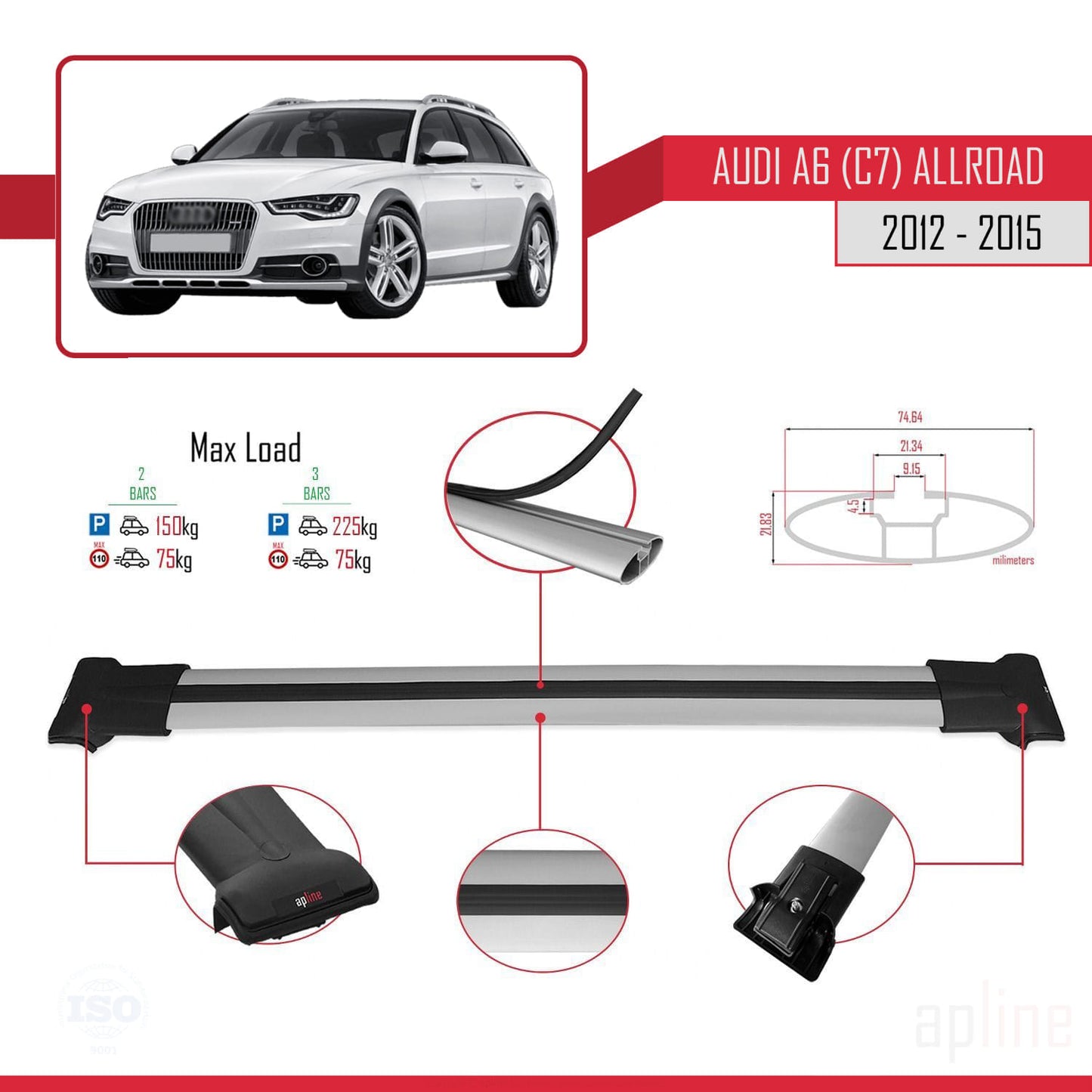 Kompatibel mit A6 (C7) Allroad 2012-2015 FLY Modell Dachgepäckträger, graues Aluminium, 2 Stangen