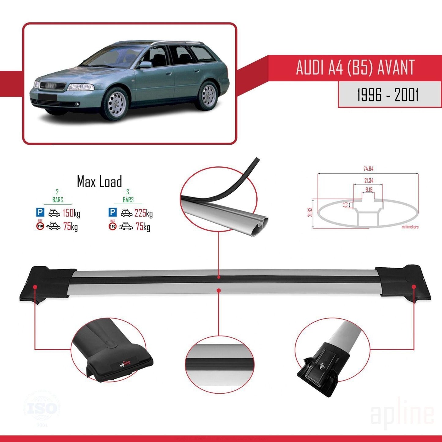 Compatible avec A4 (B5) Avant 1996-2001 FLY Model Barres de Toit Railing Porte-Bagages de Voiture Gris Aluminium 2 Barres