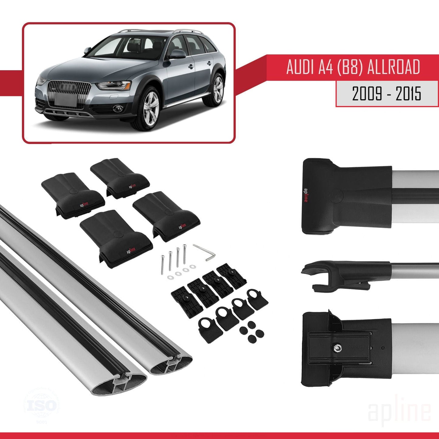 Kompatibel mit A4 (B8) Allroad 2009-2015 FLY Modell Dachgepäckträger, graues Aluminium, 2 Stangen
