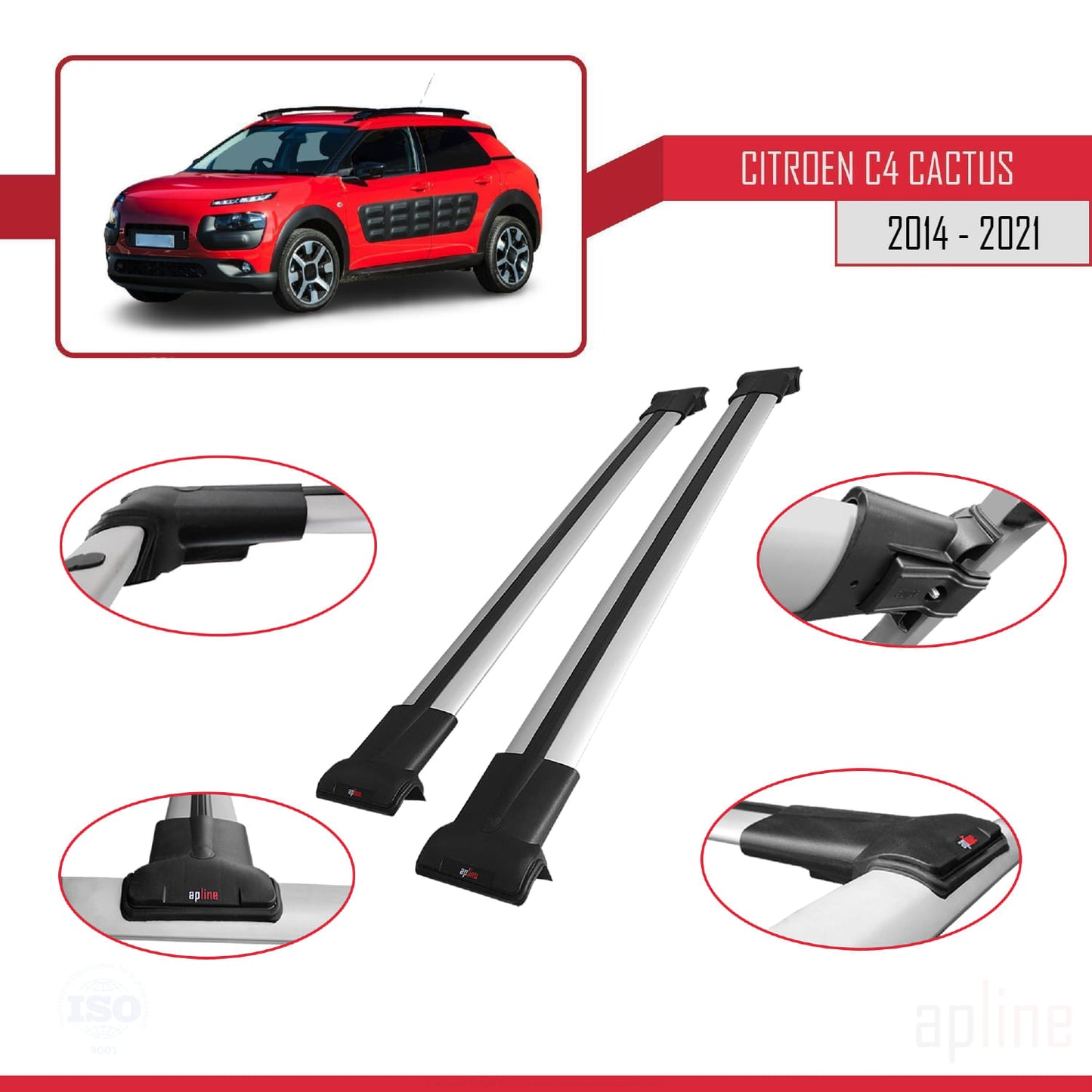 Kompatibel mit Citroen C4 Cactus 2014-2021 FLY Modell Dachgepäckträger, graues Aluminium, 2 Stangen