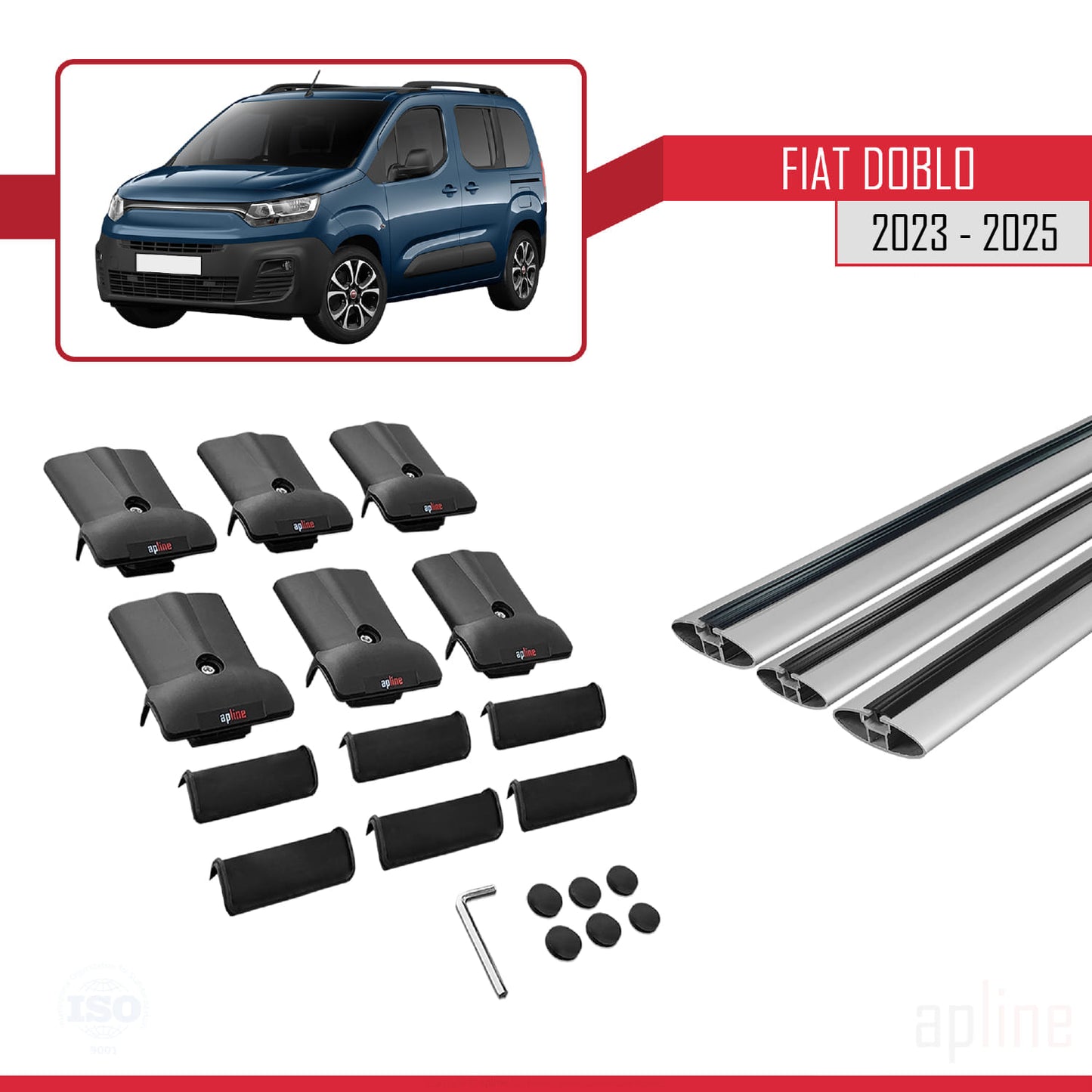 Kompatibel mit Fiat Doblo 3 2023-2025 FLY Modell Dachgepäckträger, graues Aluminium, 3-Stangen