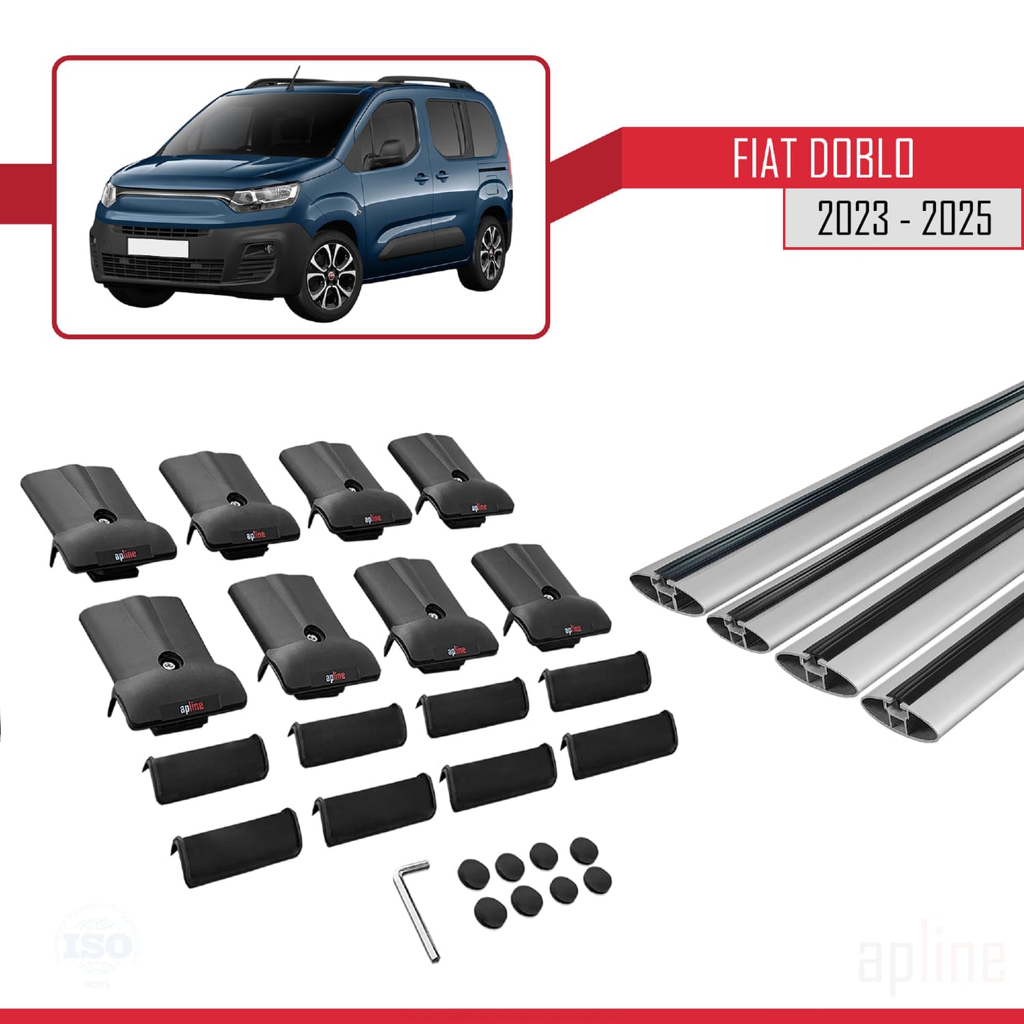 Kompatibel mit Fiat Doblo 3 2023-2025 FLY Modell Dachgepäckträger, graues Aluminium, 4 Stangen