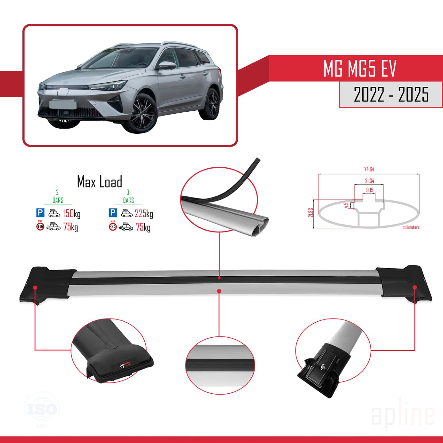 Compatible avec MG 5 EV 2022-2025 FLY Model Barres de Toit Railing Porte-Bagages de Voiture Gris Aluminium 2 Barres