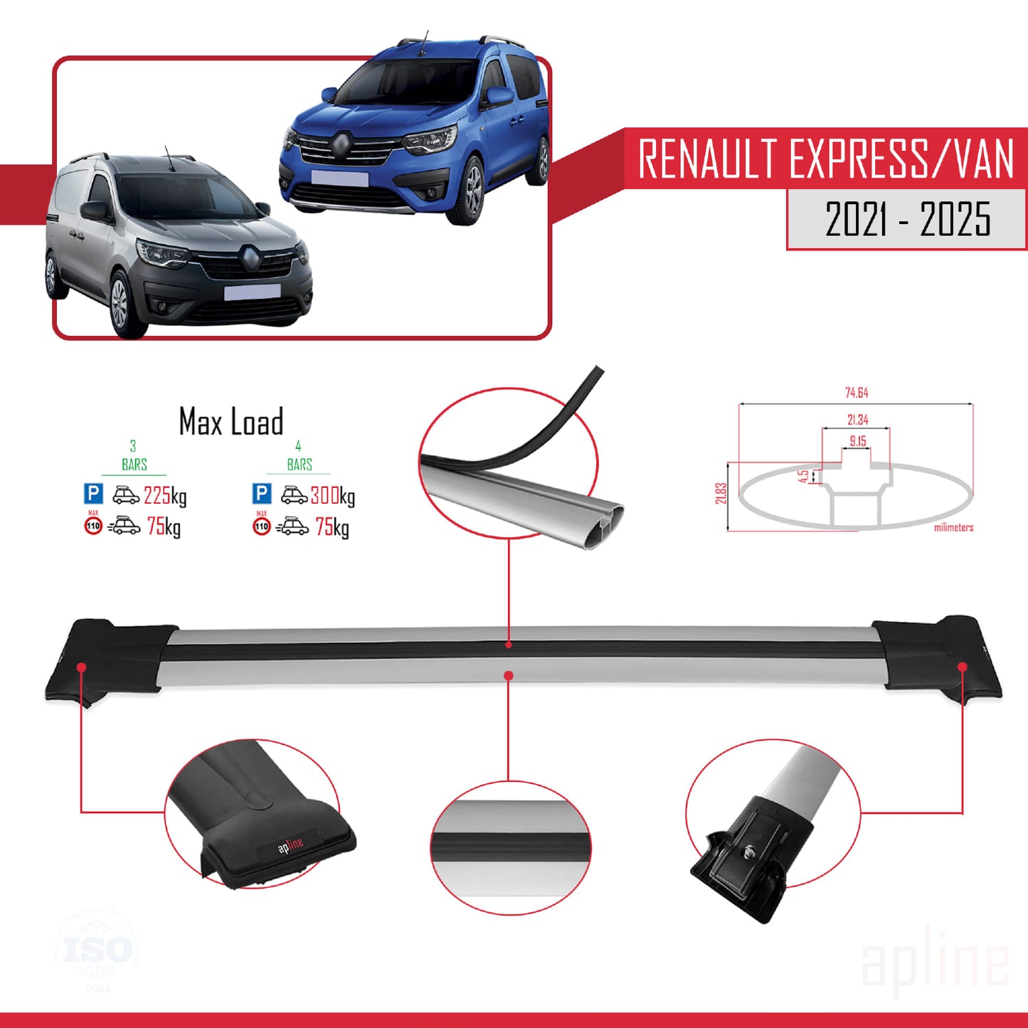 Kompatibel mit Renault Express 2021-2025 FLY Model Relingträger Dachträger Auto Gepäckträger Grau Aluminium 3 Stangen