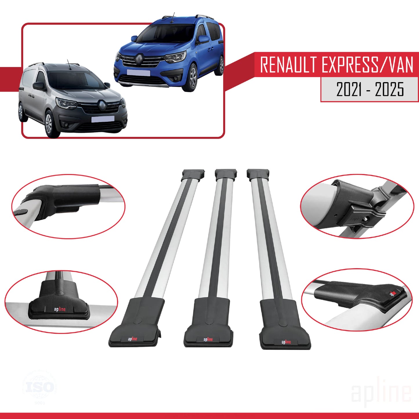 Kompatibel mit Renault Express 2021-2025 FLY Model Relingträger Dachträger Auto Gepäckträger Grau Aluminium 3 Stangen