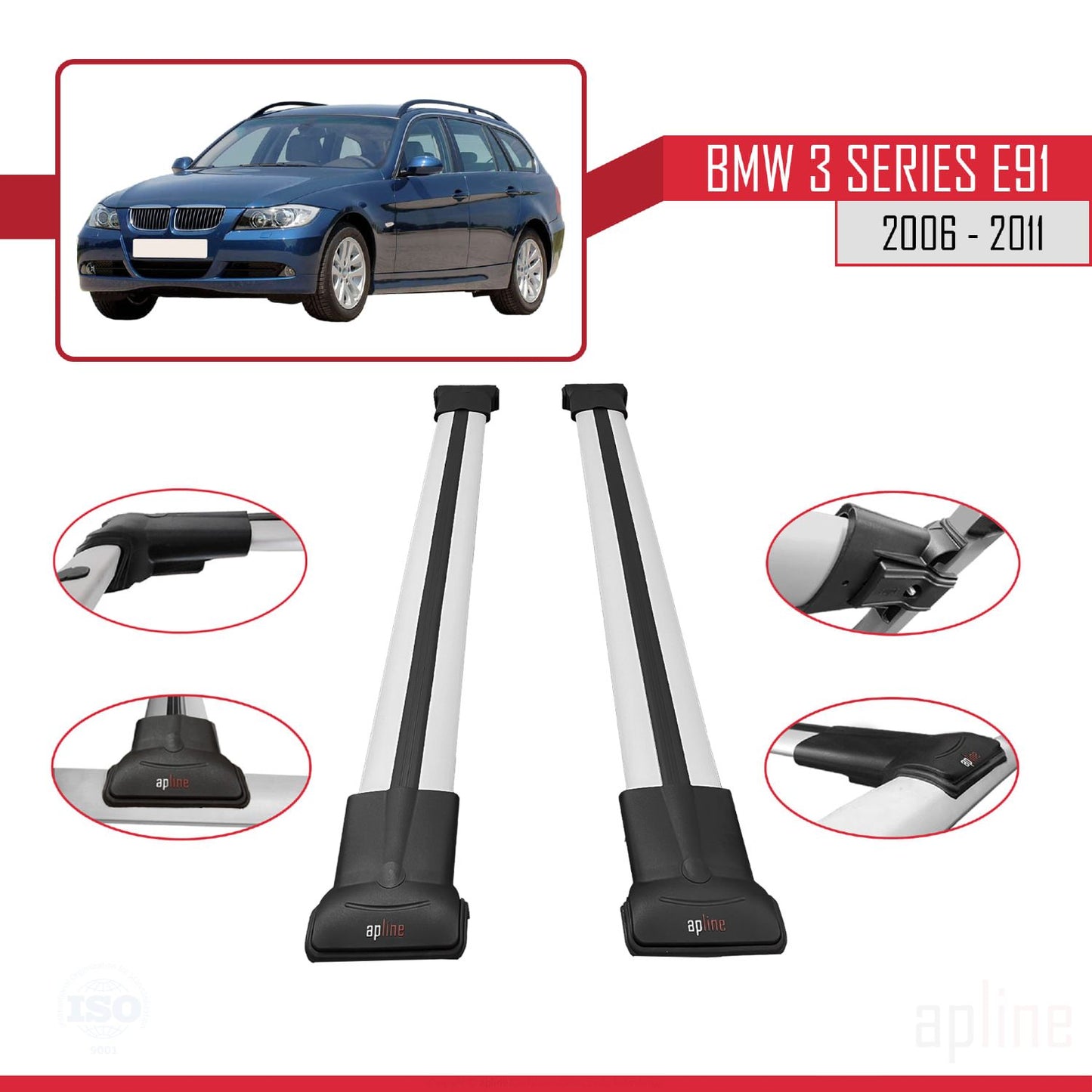 Compatible avec BMW 3 Series E91 Touring 2006-2011 FLY Model Barres de Toit Railing Porte-Bagages de Voiture Gris Aluminium 2 Barres