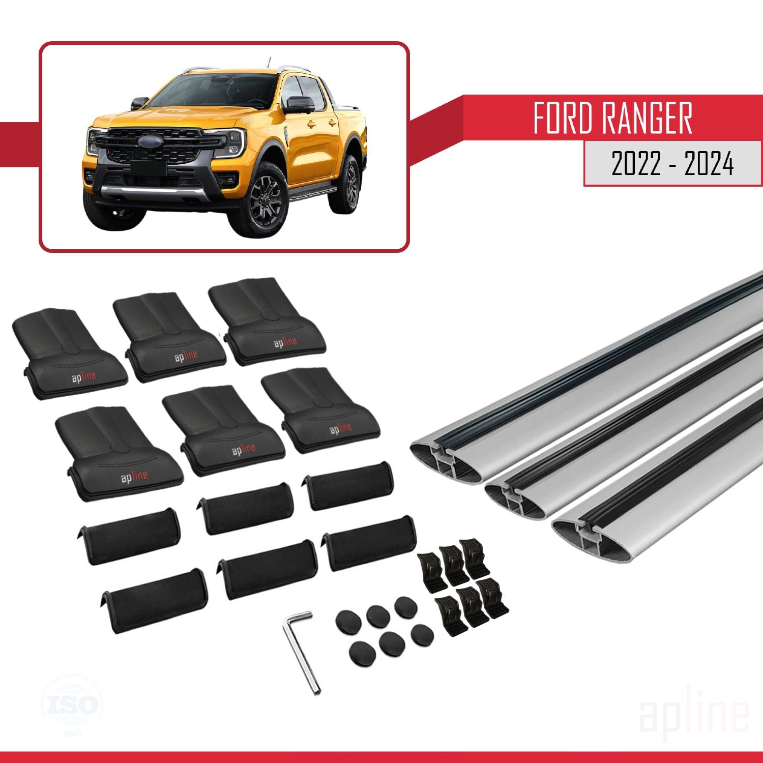 Compatible avec Ford Ranger (P703) 2022-2024 FLY Model Barres de Toit Railing Porte-Bagages de Voiture Gris Aluminium 3 Barres