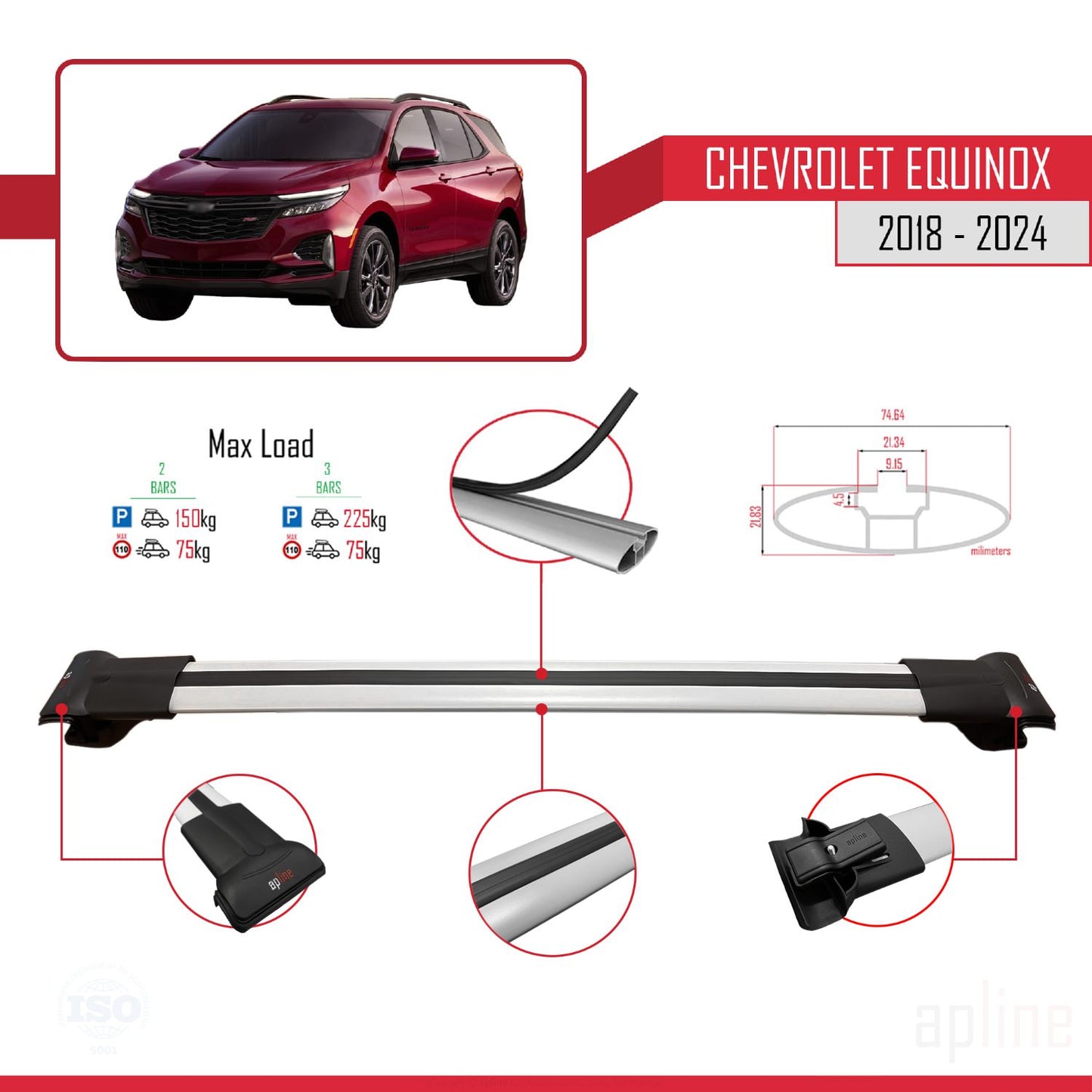 Compatible avec Chevrolet Equinox 2018-2024 FLY Model Barres de Toit Railing Porte-Bagages de Voiture Gris Aluminium 3 Barres
