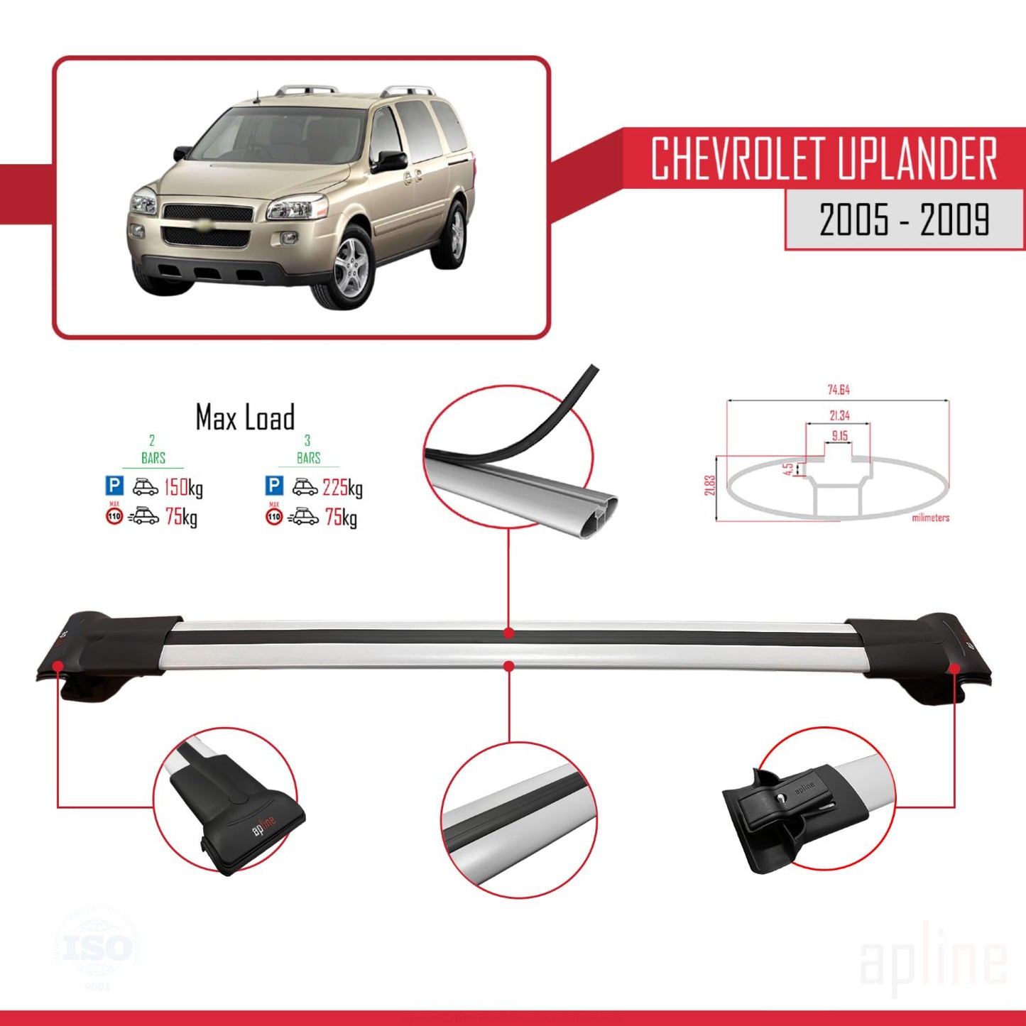 Compatible avec Chevrolet Uplander 2005-2009 FLY Model Barres de Toit Railing Porte-Bagages de Voiture Gris Aluminium 2 Barres