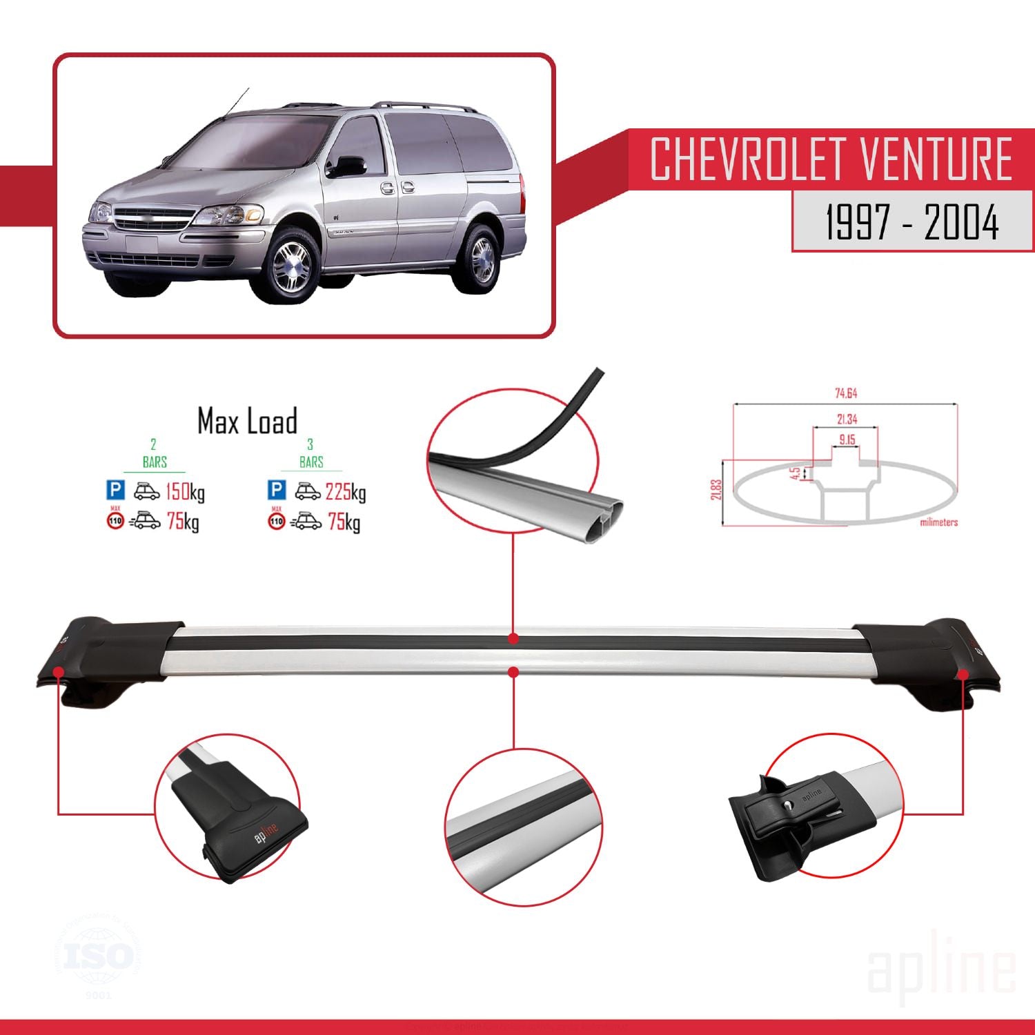 Compatible avec Chevrolet Venture 1997-2004 FLY Model Barres de Toit Railing Porte-Bagages de Voiture Gris Aluminium 3 Barres