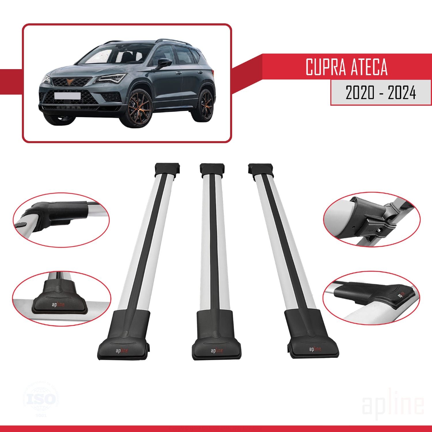 Compatible avec Cupra Ateca 2020-2024 FLY Model Barres de Toit Railing Porte-Bagages de Voiture Gris Aluminium 3 Barres