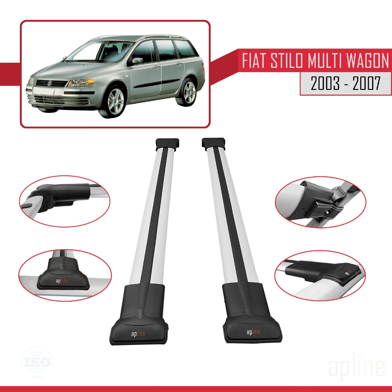 Compatible avec Fiat Stilo Multi Wagon 2003-2007 FLY Model Barres de Toit Railing Porte-Bagages de Voiture Gris Aluminium 2 Barres