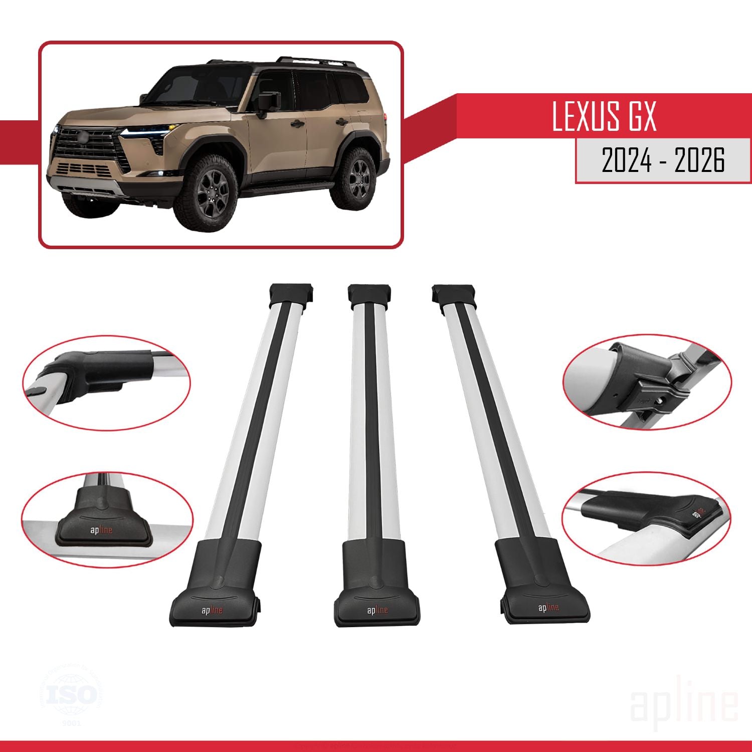 Compatible avec Lexus GX 2024-2025 FLY Model Barres de Toit Railing Porte-Bagages de Voiture Gris Aluminium 3 Barres