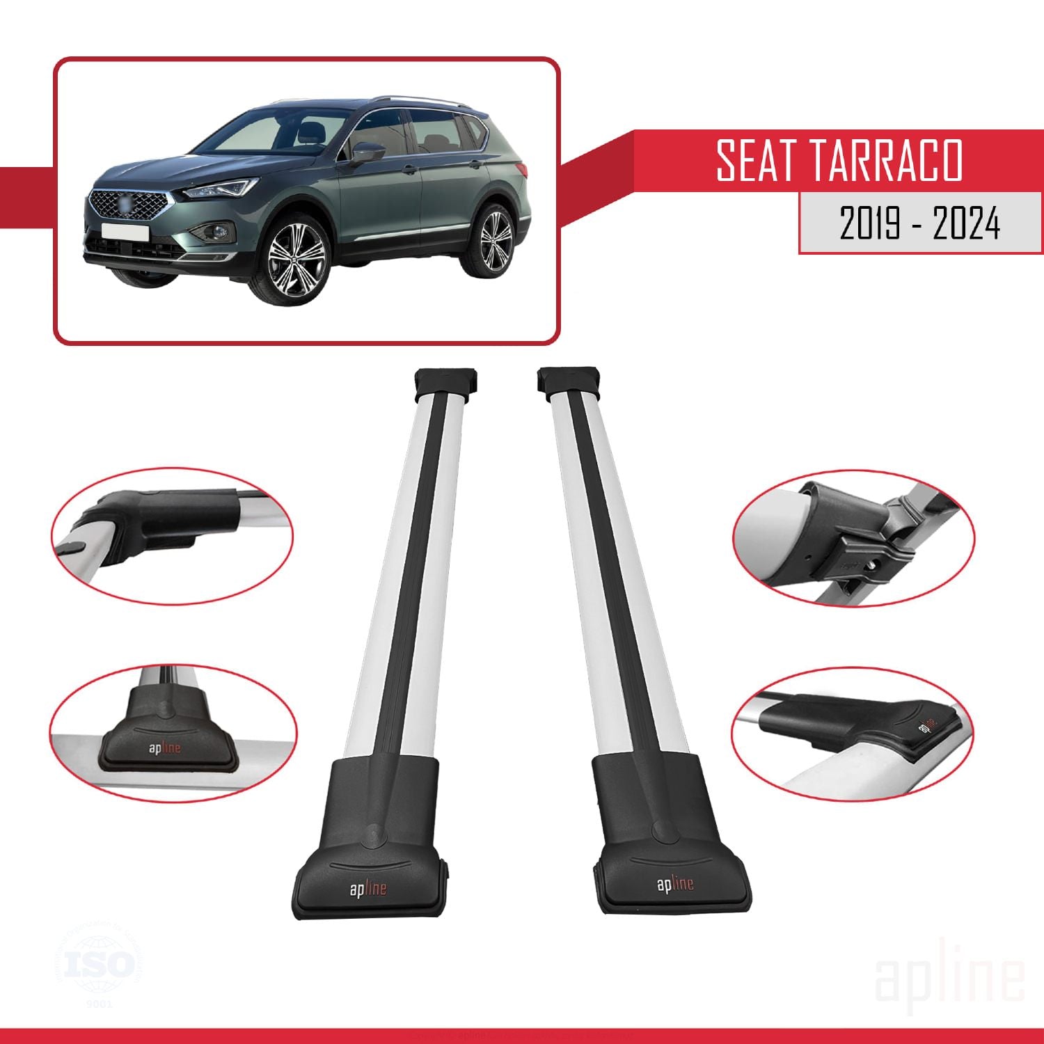 Compatible avec Seat Tarraco 2019-2024 FLY Model Barres de Toit Railing Porte-Bagages de Voiture Gris Aluminium 2 Barres