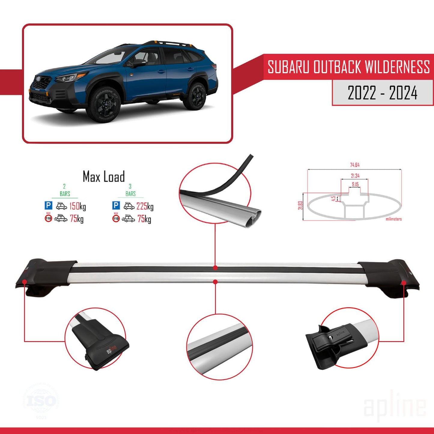 Compatible avec Subaru Outback Wilderness 2022-2024 FLY Model Barres de Toit Railing Porte-Bagages de Voiture Gris Aluminium 3 Barres