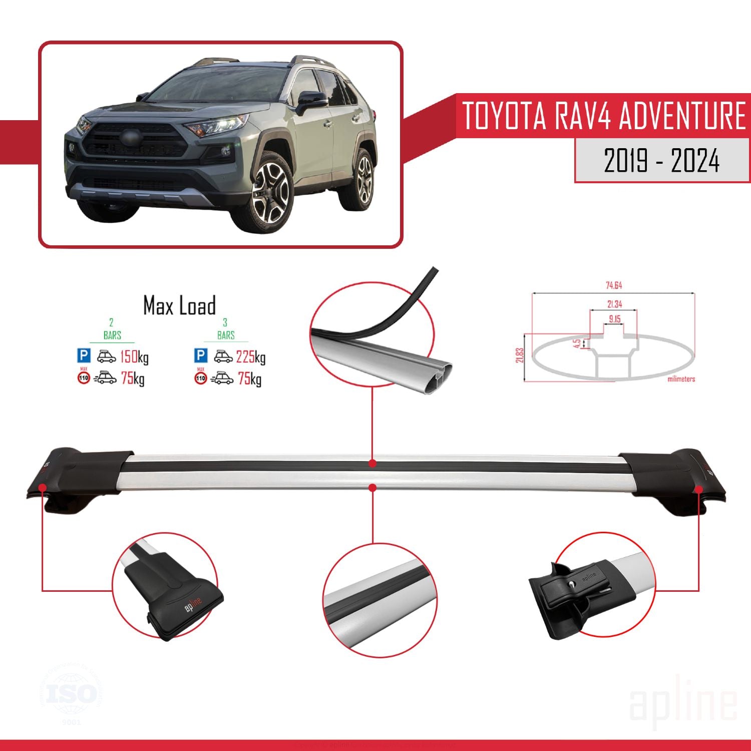 Compatible avec Toyota RAV4 Adventure 2019-2024 FLY Model Barres de Toit Railing Porte-Bagages de Voiture Gris Aluminium 2 Barres