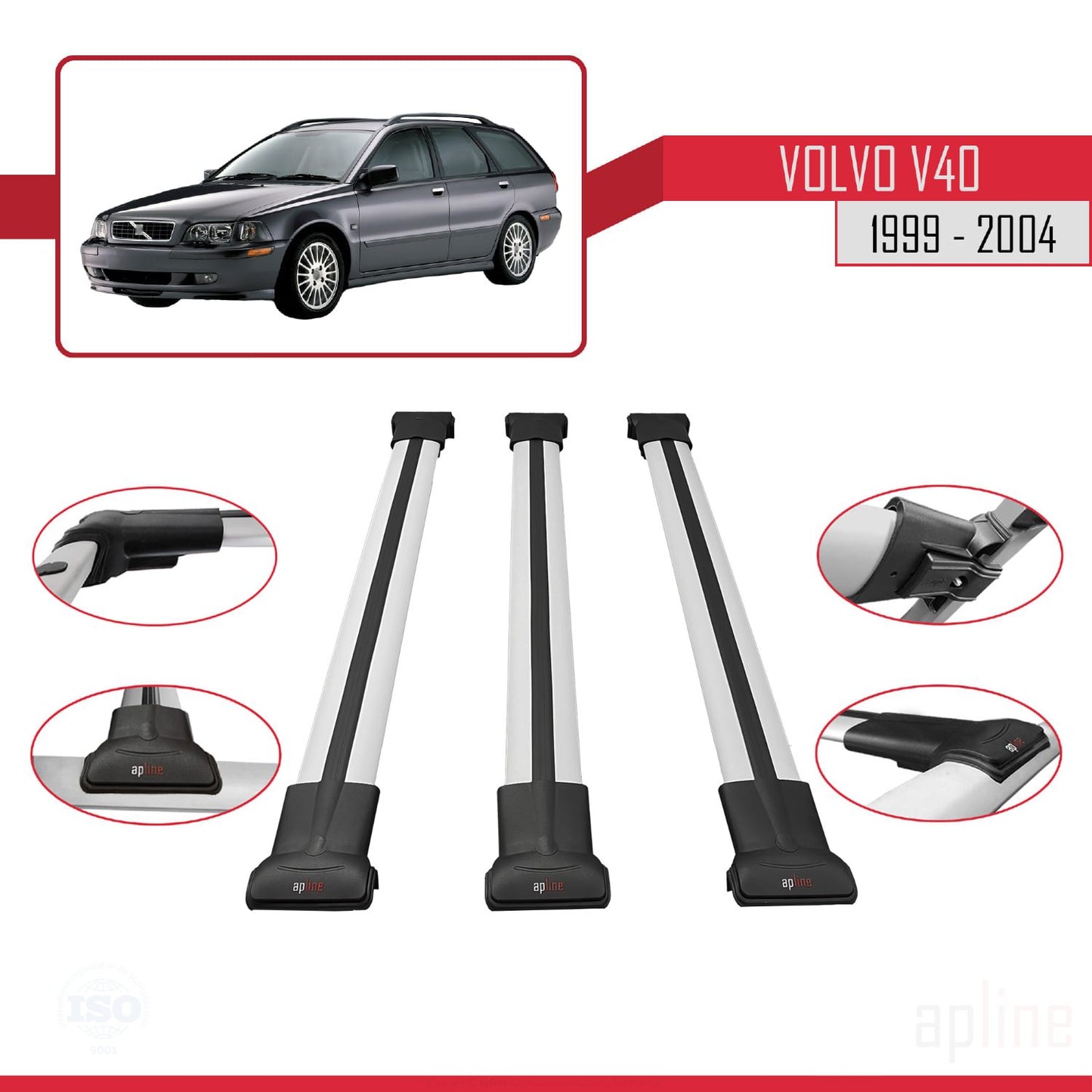 Compatible avec Volvo V40 1999-2004 FLY Model Barres de Toit Railing Porte-Bagages de Voiture Gris Aluminium 3 Barres