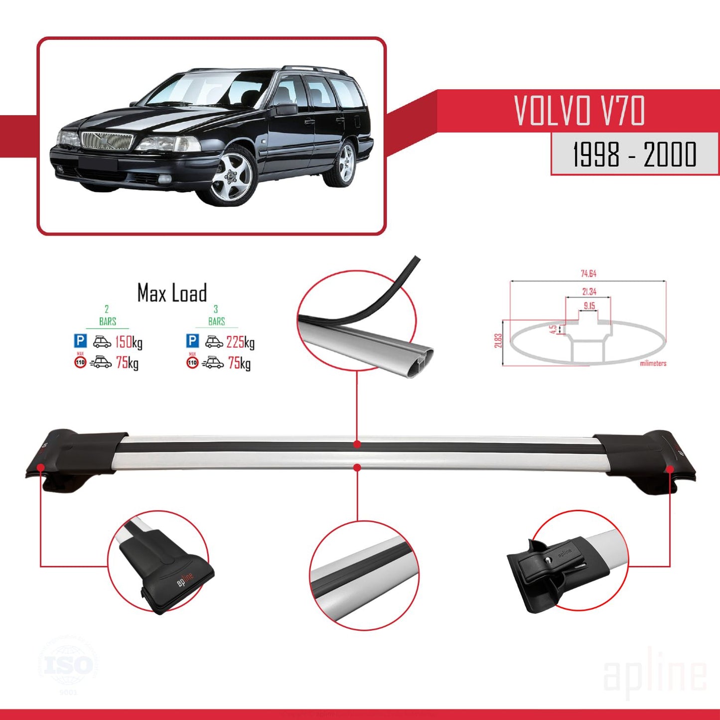 Compatible avec Volvo V70 1998-2000 FLY Model Barres de Toit Railing Porte-Bagages de Voiture Gris Aluminium 3 Barres