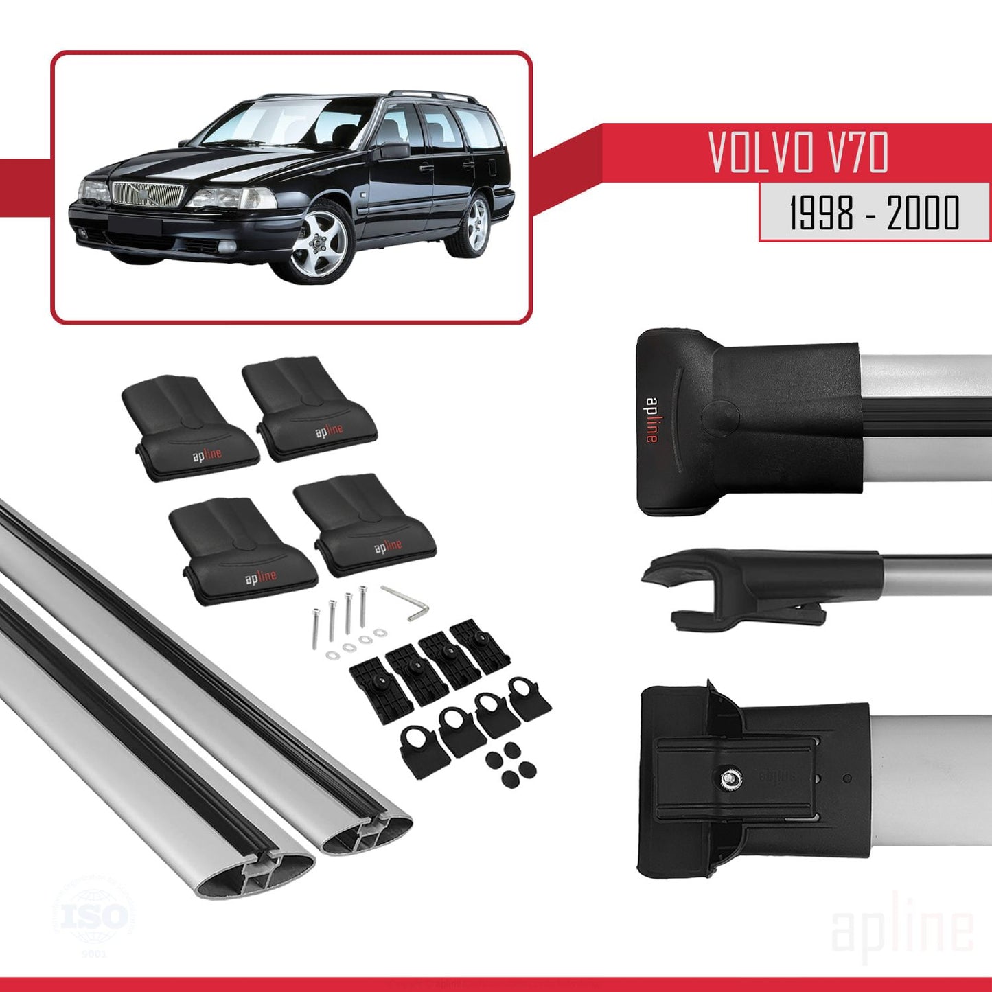 Compatible avec Volvo V70 1998-2000 FLY Model Barres de Toit Railing Porte-Bagages de Voiture Gris Aluminium 2 Barres