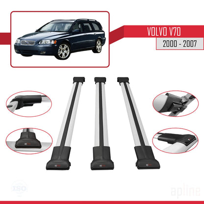 Compatible avec Volvo V70 2000-2007 FLY Model Barres de Toit Railing Porte-Bagages de Voiture Gris Aluminium 3 Barres