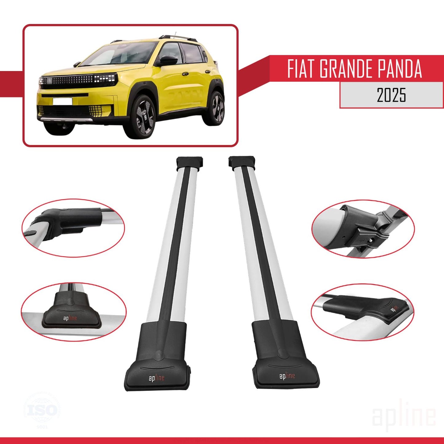 Compatible avec Fiat Grande Panda 2025-2025 FLY Model Barres de Toit Railing Porte-Bagages de Voiture Gris Aluminium 2 Barres