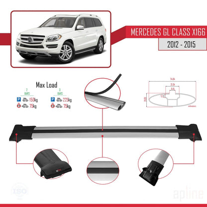 Compatible avec Mercedes Classe GL 2 (X166) Pre-Facelift 2013-2015 FLY Model Barres de Toit Railing Porte-Bagages de Voiture Gris Aluminium 2 Barres
