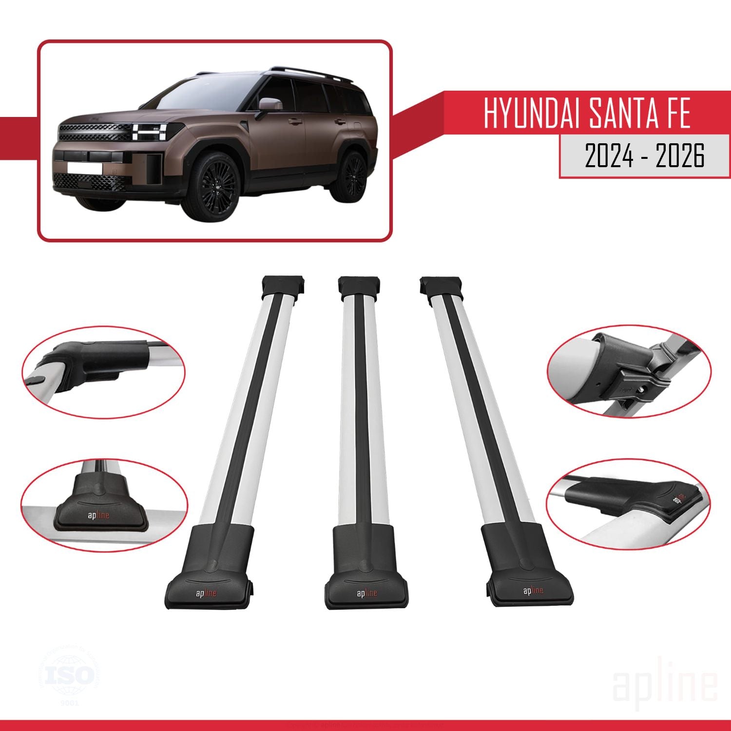 Compatible avec Hyundai Santa Fe 2024-2025 FLY Model Barres de Toit Railing Porte-Bagages de Voiture Gris Aluminium 3 Barres