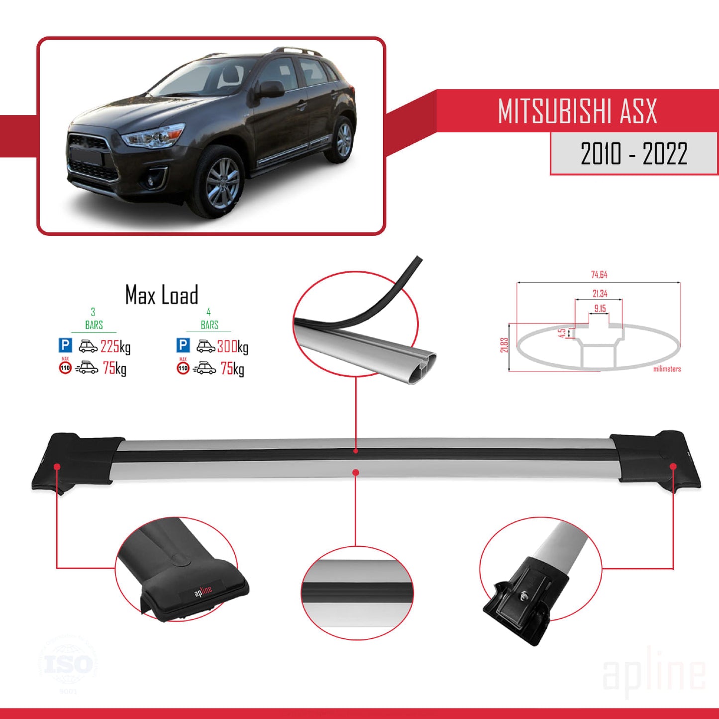Kompatibel mit Mitsubishi ASX (GA) 2010-2022 FLY Model Relingträger Dachträger Auto Gepäckträger Grau Aluminium 3 Stangen