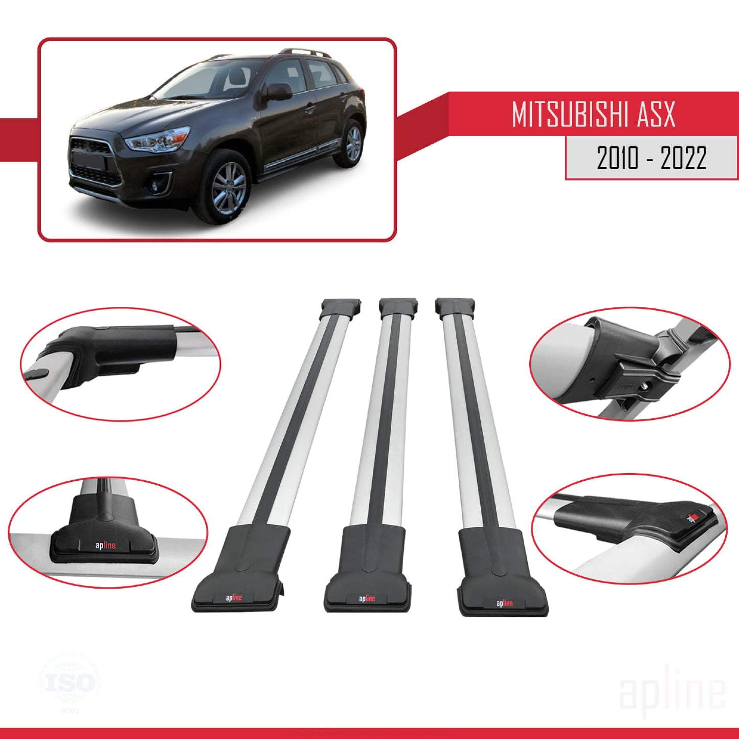 Kompatibel mit Mitsubishi ASX (GA) 2010-2022 FLY Model Relingträger Dachträger Auto Gepäckträger Grau Aluminium 3 Stangen