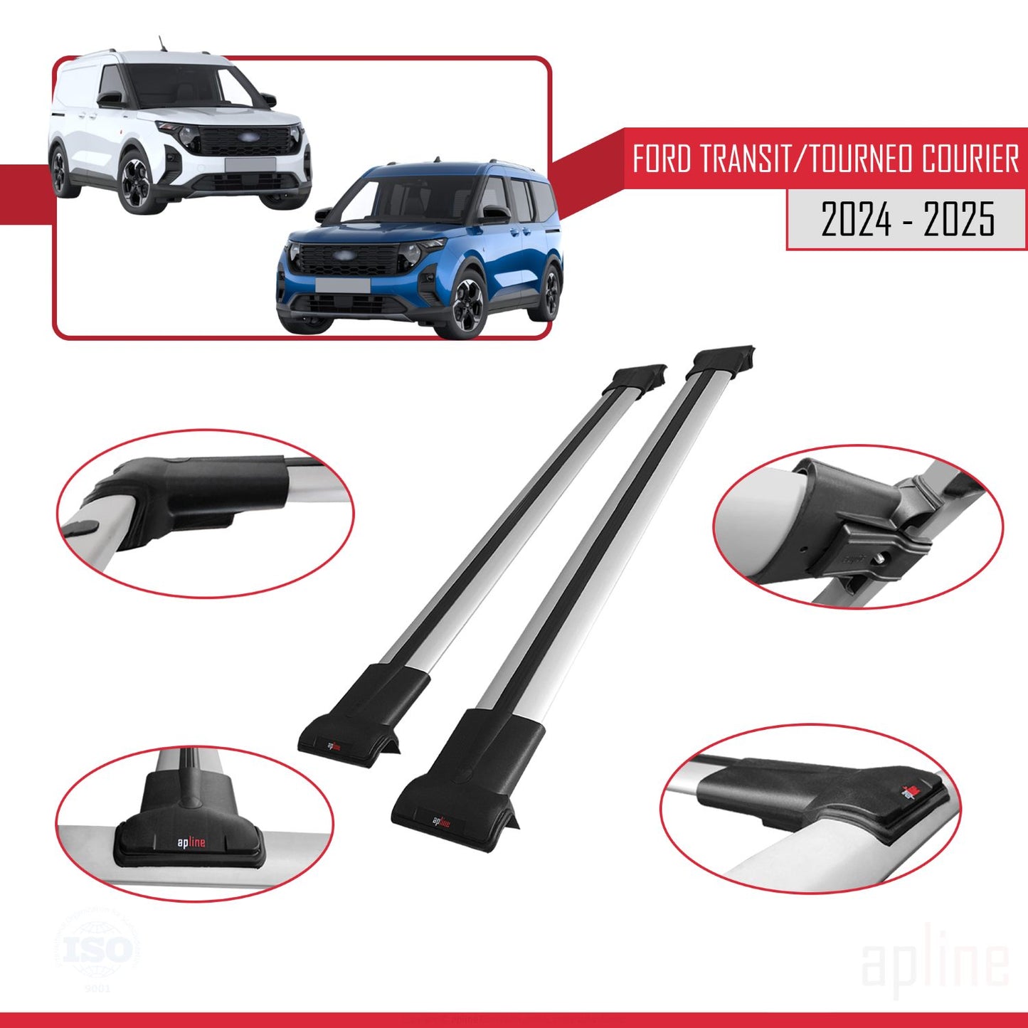 Compatible avec Ford Transit/Tourneo Courier 2024-2025 FLY Model Barres de Toit Railing Porte-Bagages de Voiture Gris Aluminium 2 Barres