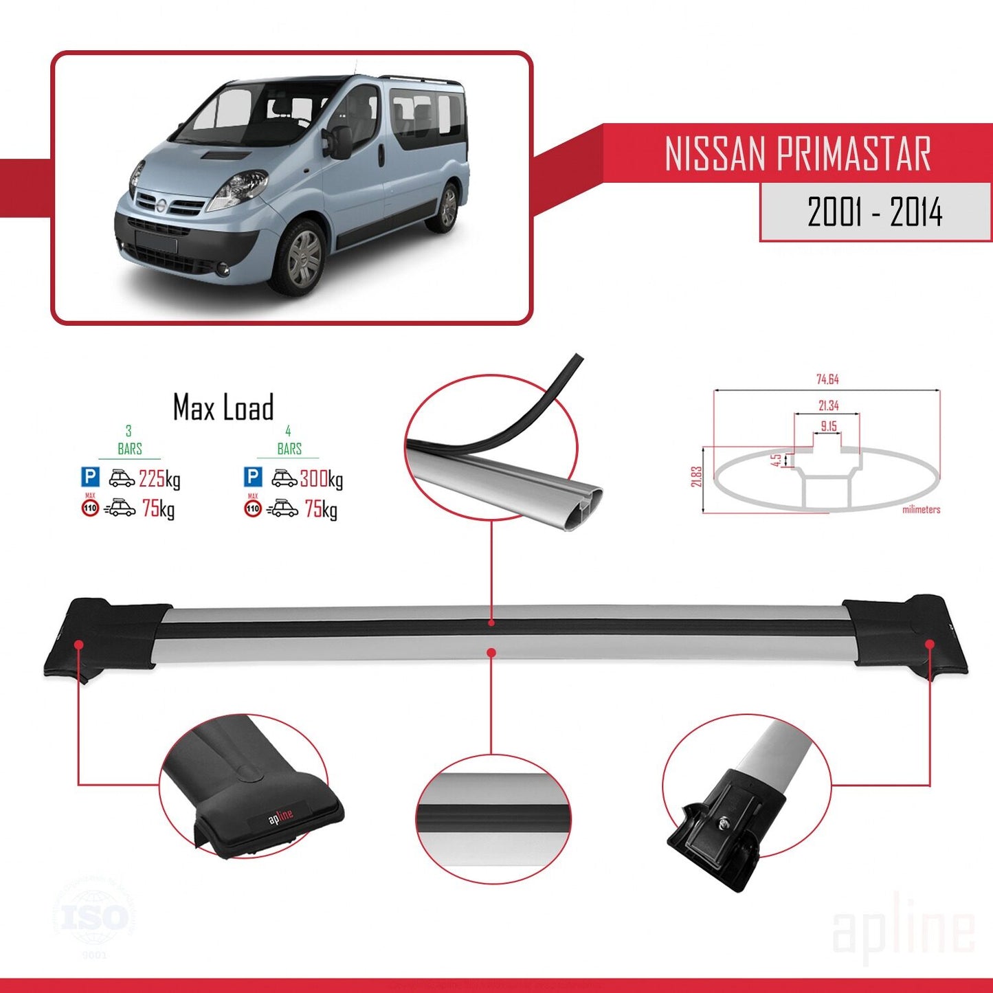 Compatible avec Nissan Primastar 2001-2014 FLY Model Barres de Toit Railing Porte-Bagages de Voiture Gris Aluminium 3 Barres