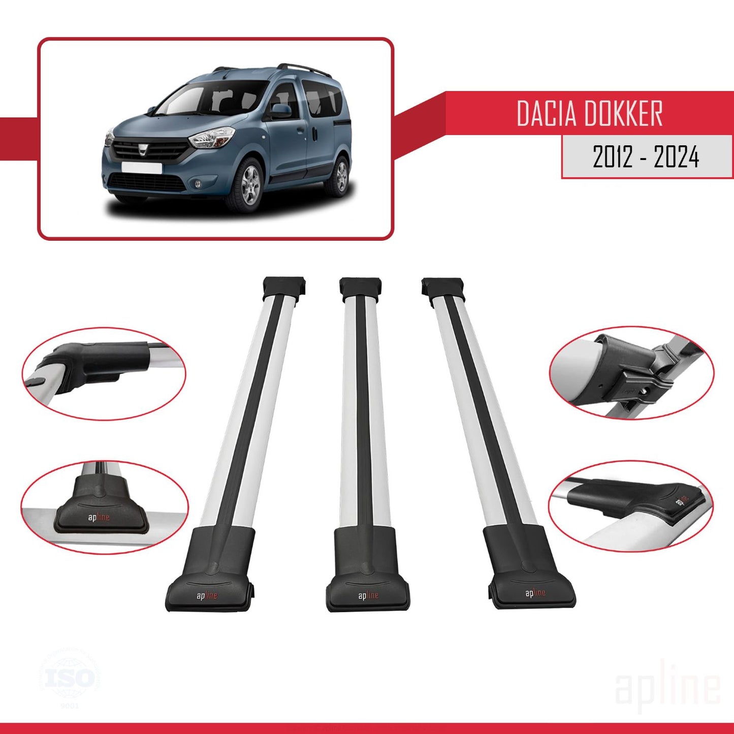 Compatible avec Dacia Dokker (K67) V2 2012-2024 FLY Model Barres de Toit Railing Porte-Bagages de Voiture Gris Aluminium 3 Barres